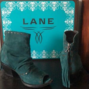Turquoise Open Toe Booties by Lane Boots w/Tassle